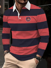 Men's Retro Business Stripe Print Long Sleeve Polo Shirt cherishyouo